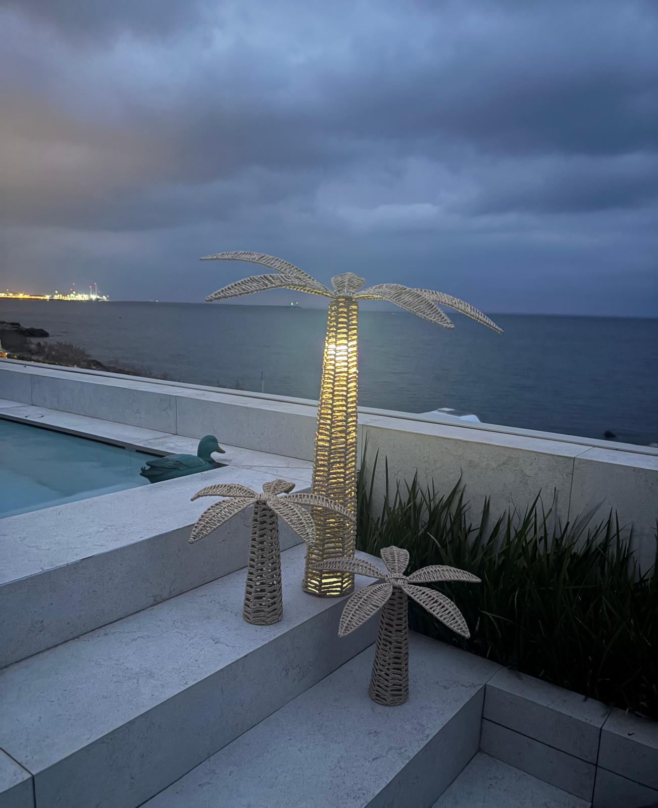 Tres palmeras de fibra natural junto a una piscina al atardecer, una de ellas iluminada